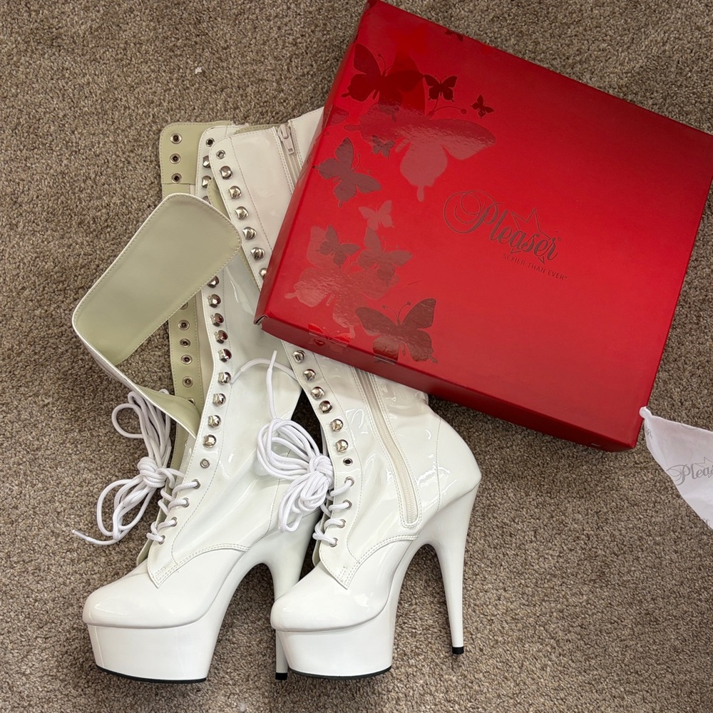 Pleaser White Patent Platform Lace-Up Stiletto Heels